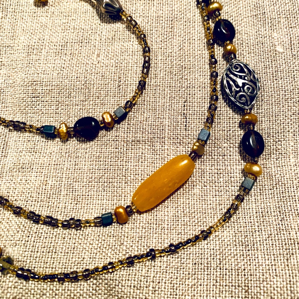 Silpada Serpentine, Silver Filigree, Pearl, and Smokey Quartz Long Necklace